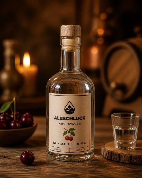 Ein Flasche Albschluck Kirschwasser 350 ML mit Kirschen, im Hintergrund Kerzen und Holzfässer.